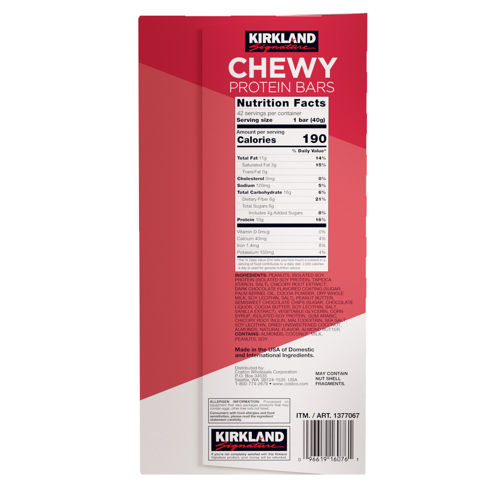 Kirkland Signature Chewy Protein Bar, Peanut Butter & Semisweet Chocolate Chip, 1.41 oz, 42-Count 2 Kirkland Signature Chewy Protein Bar, Peanut Butter & Semisweet Chocolate Chip, 1.41 oz, 42-Count - Image 2