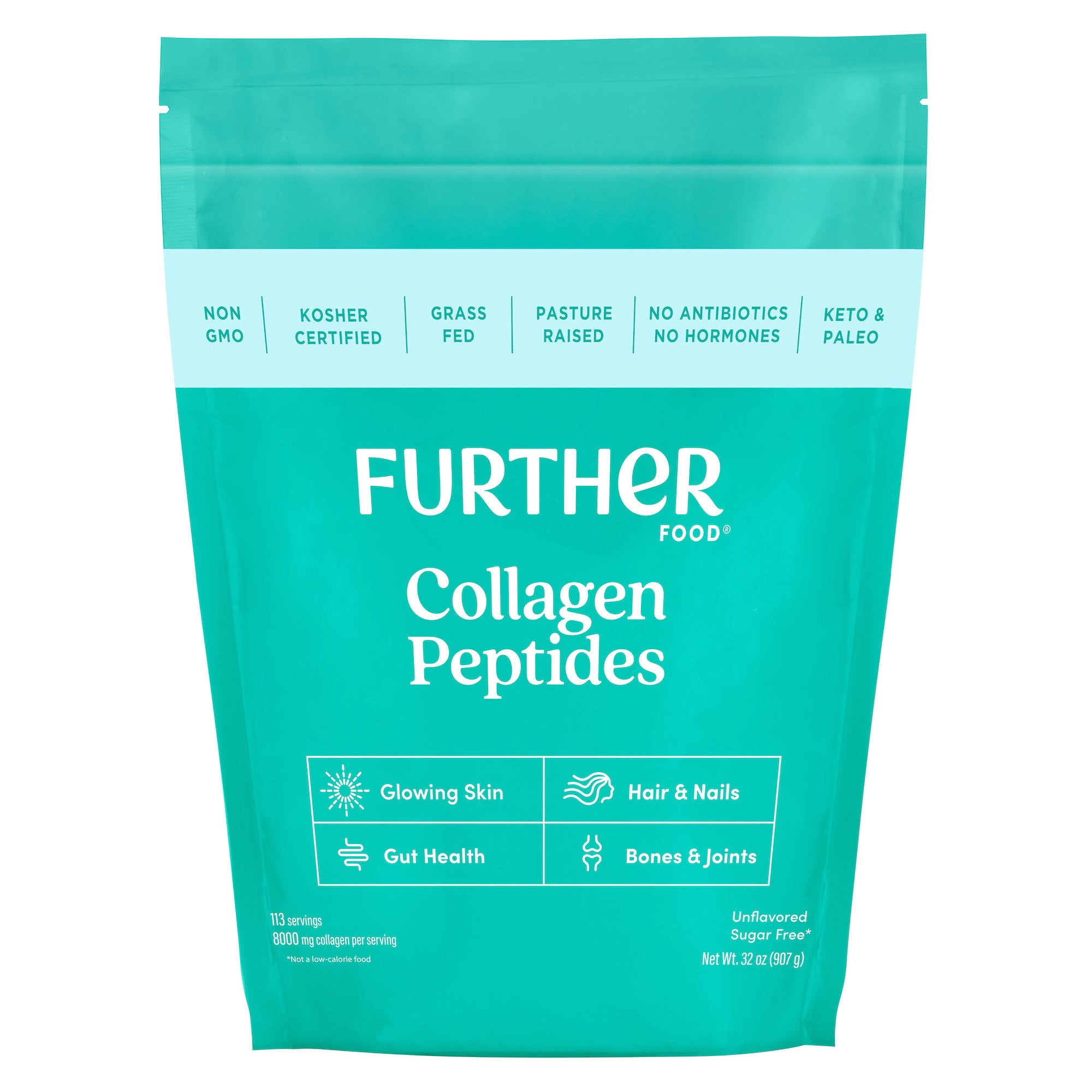 Further Food Grass-Fed Collagen Peptides Powder, Unflavored, 32.0 oz, 113 Servings 1 Further Food Grass-Fed Collagen Peptides Powder, Unflavored, 32.0 oz, 113 Servings