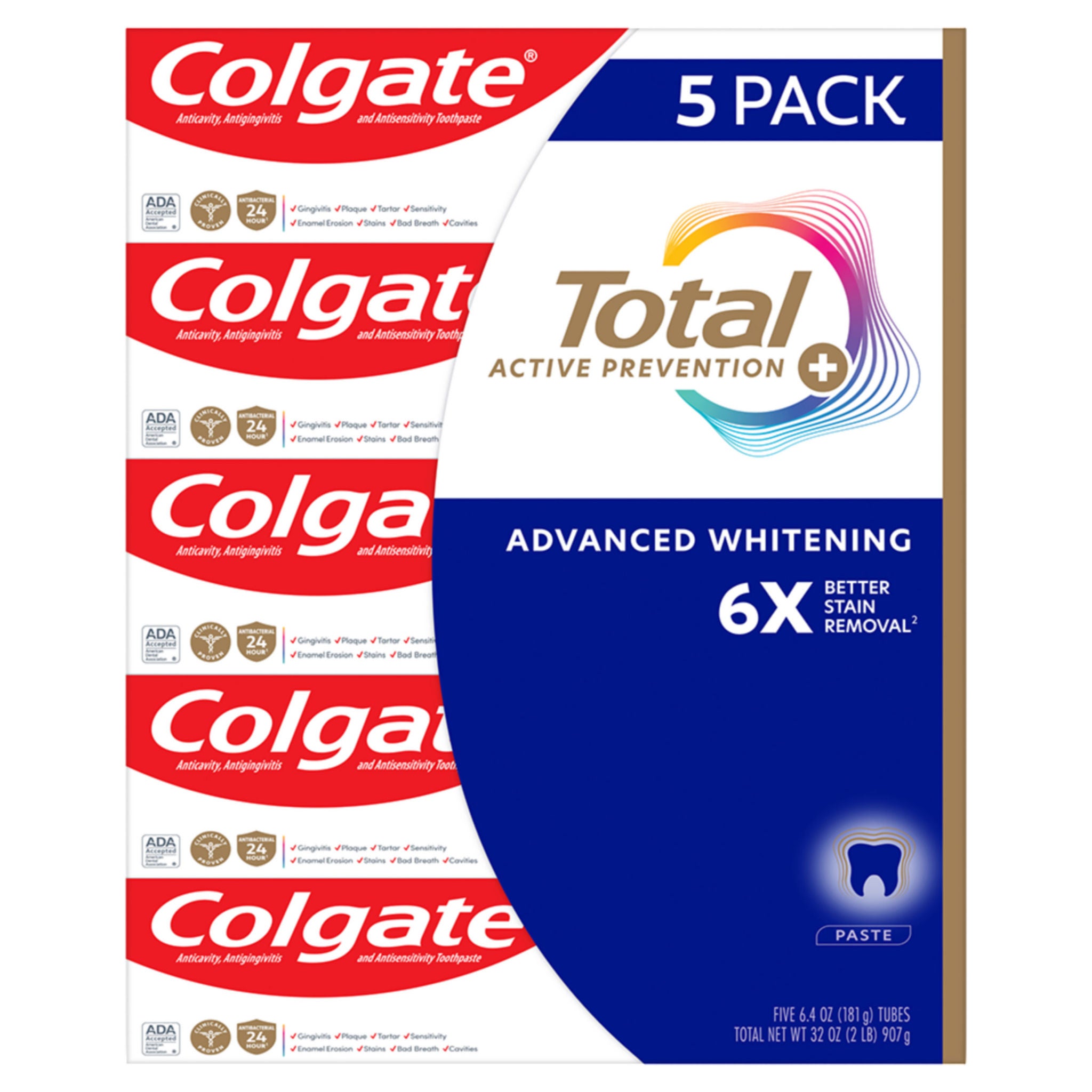 Colgate Total Active Prevention Plus Advanced Whitening Toothpaste, 6.4 oz, 5-pack 1 Colgate Total Active Prevention Plus Advanced Whitening Toothpaste, 6.4 oz, 5-pack