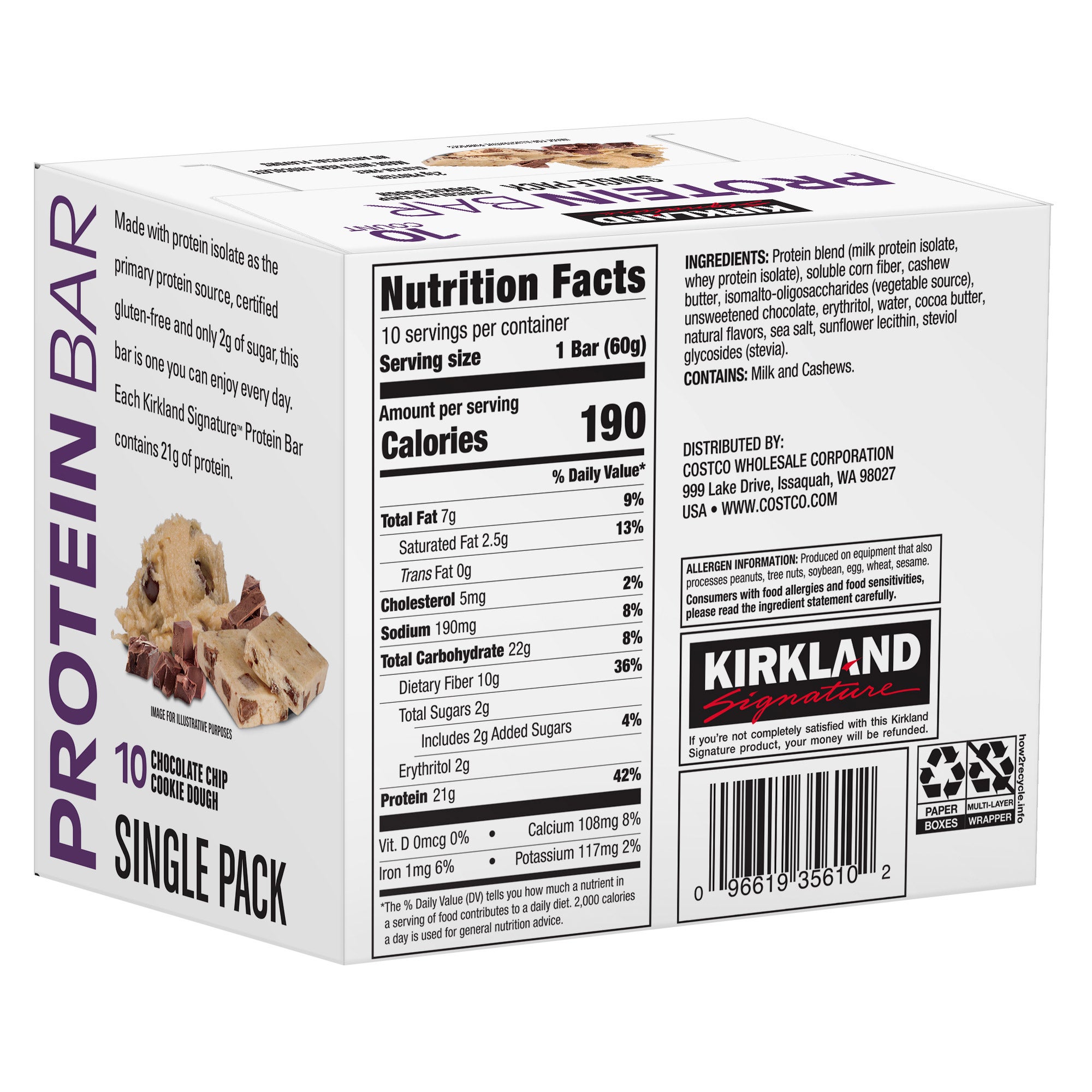 Kirkland Signature Protein Bars, Chocolate Chip Cookie Dough, 40-Count (4 Pack of 10) 3 Kirkland Signature Protein Bars, Chocolate Chip Cookie Dough, 40-Count (4 Pack of 10) - Image 3