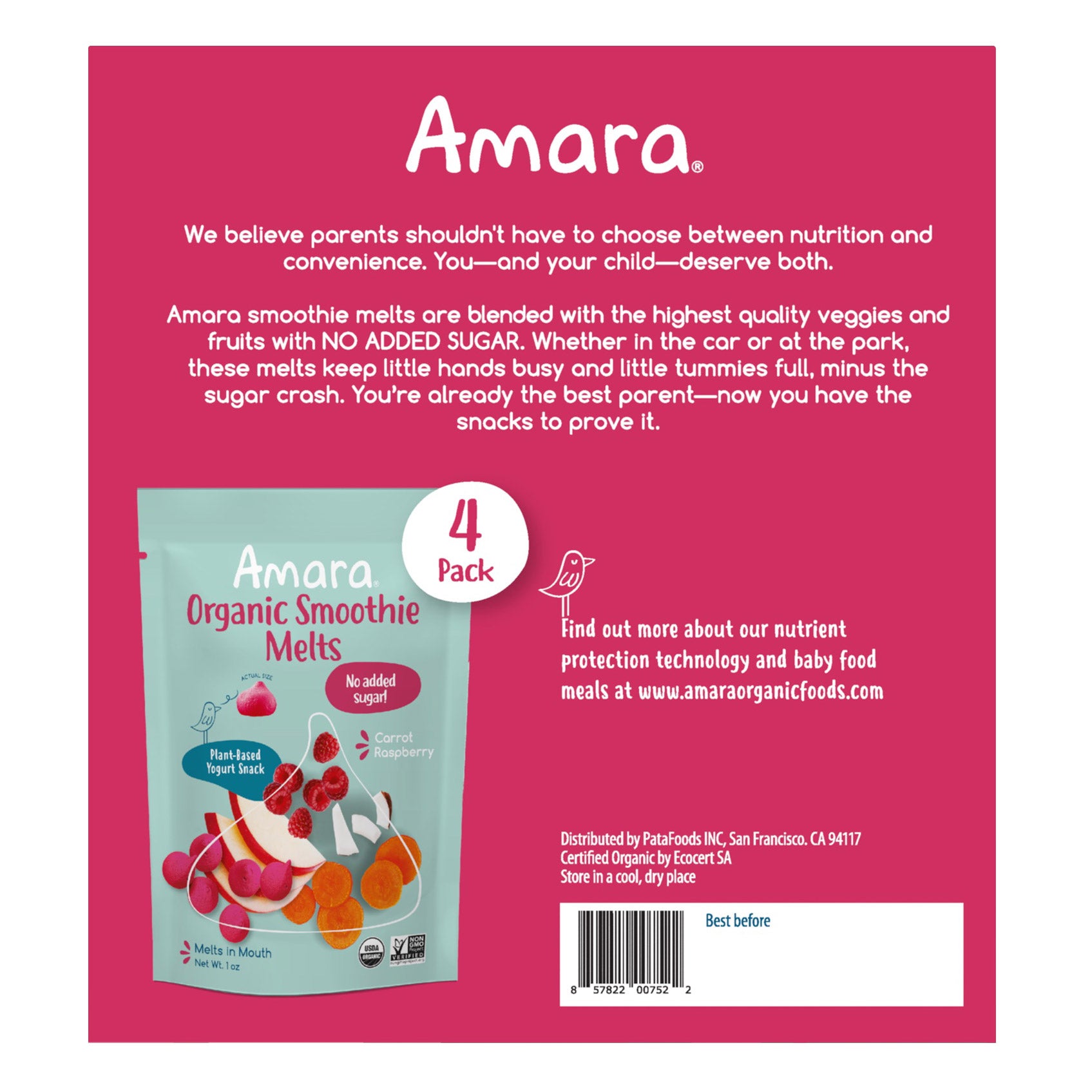 Amara Organic Yogurt Smoothie Carrot Raspberry Melts, 4 (1 oz) Bag Per Box 2 Amara Organic Yogurt Smoothie Carrot Raspberry Melts, 4 (1 oz) Bag Per Box - Image 2