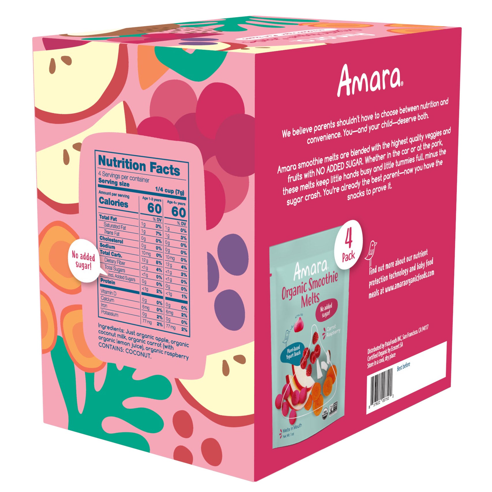Amara Organic Yogurt Smoothie Carrot Raspberry Melts, 4 (1 oz) Bag Per Box 5 Amara Organic Yogurt Smoothie Carrot Raspberry Melts, 4 (1 oz) Bag Per Box - Image 5