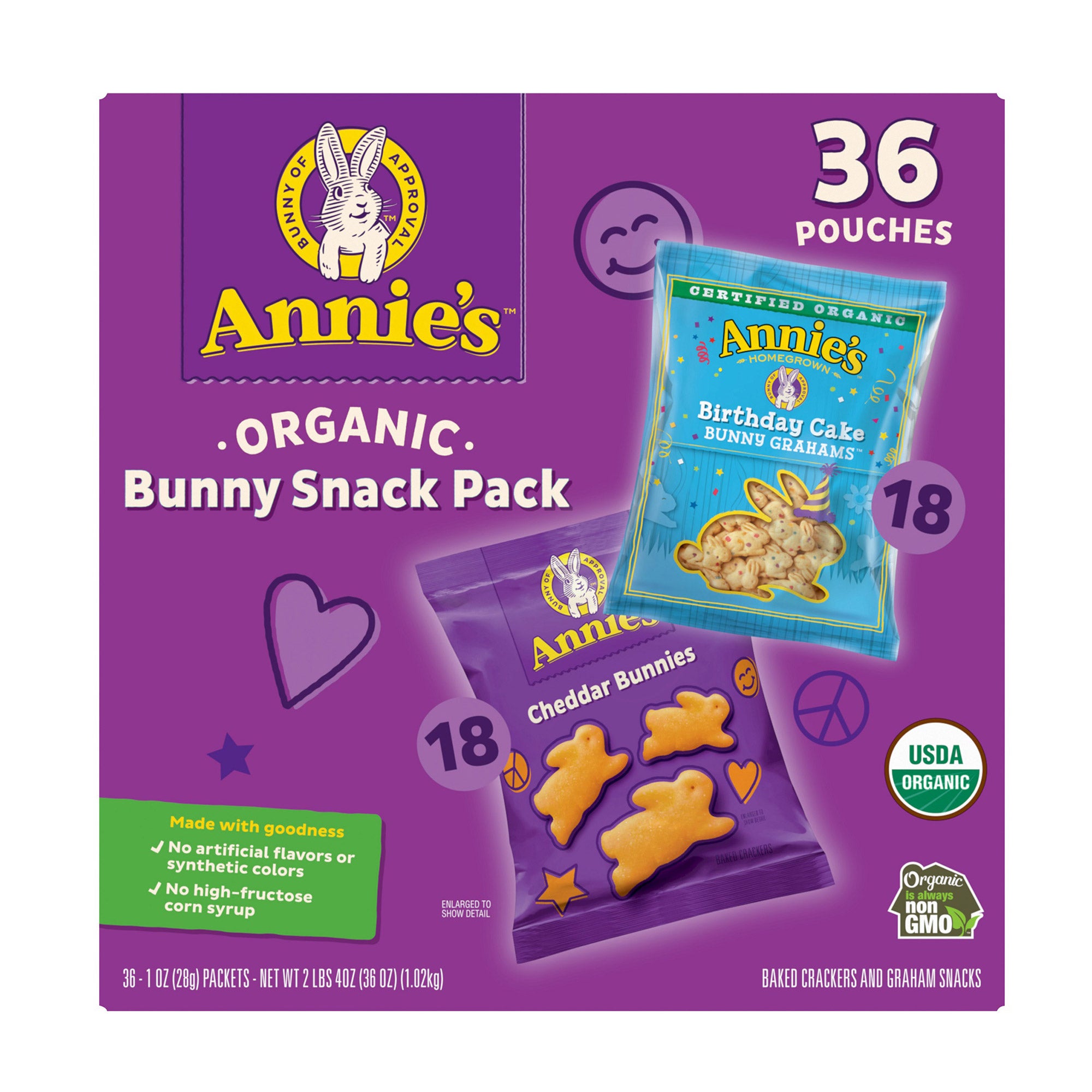 Annie's Organic Bunny Snack Pack Baked Crackers and Graham Snacks, 1.07 oz, Variety Pack, 36-count 1 Annie's Organic Bunny Snack Pack Baked Crackers and Graham Snacks, 1.07 oz, Variety Pack, 36-count