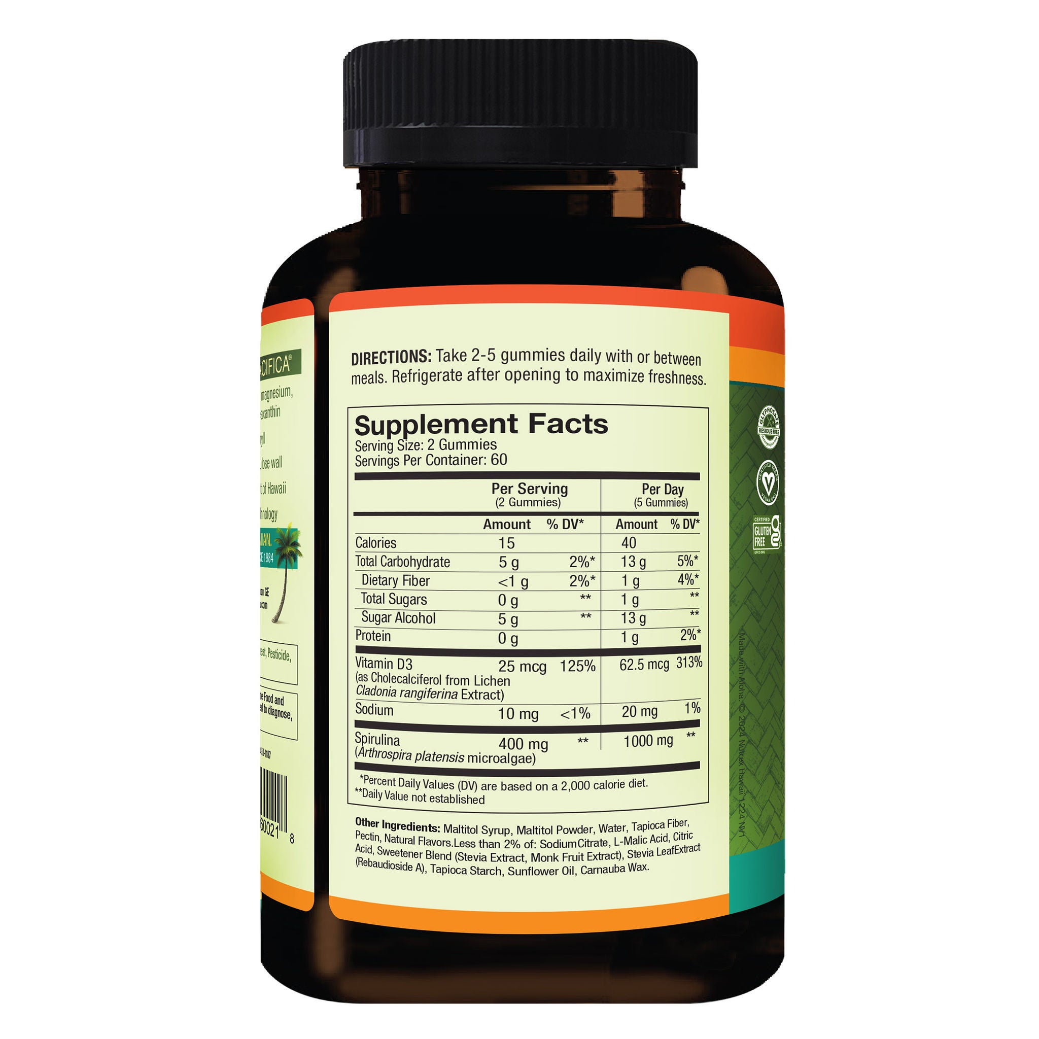 Pure Hawaiian Spirulina Plus Vitamin D3 200 mg, 120 Gummies, Tropical 3 Pure Hawaiian Spirulina Plus Vitamin D3 200 mg, 120 Gummies, Tropical - Image 3