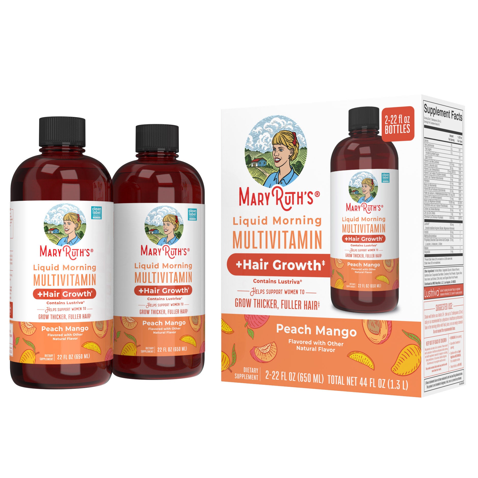 MaryRuth's Liquid Morning Multivitamin + Hair Growth, Peach Mango, 22 fl. oz., 2-pack 1 MaryRuth's Liquid Morning Multivitamin + Hair Growth, Peach Mango, 22 fl. oz., 2-pack