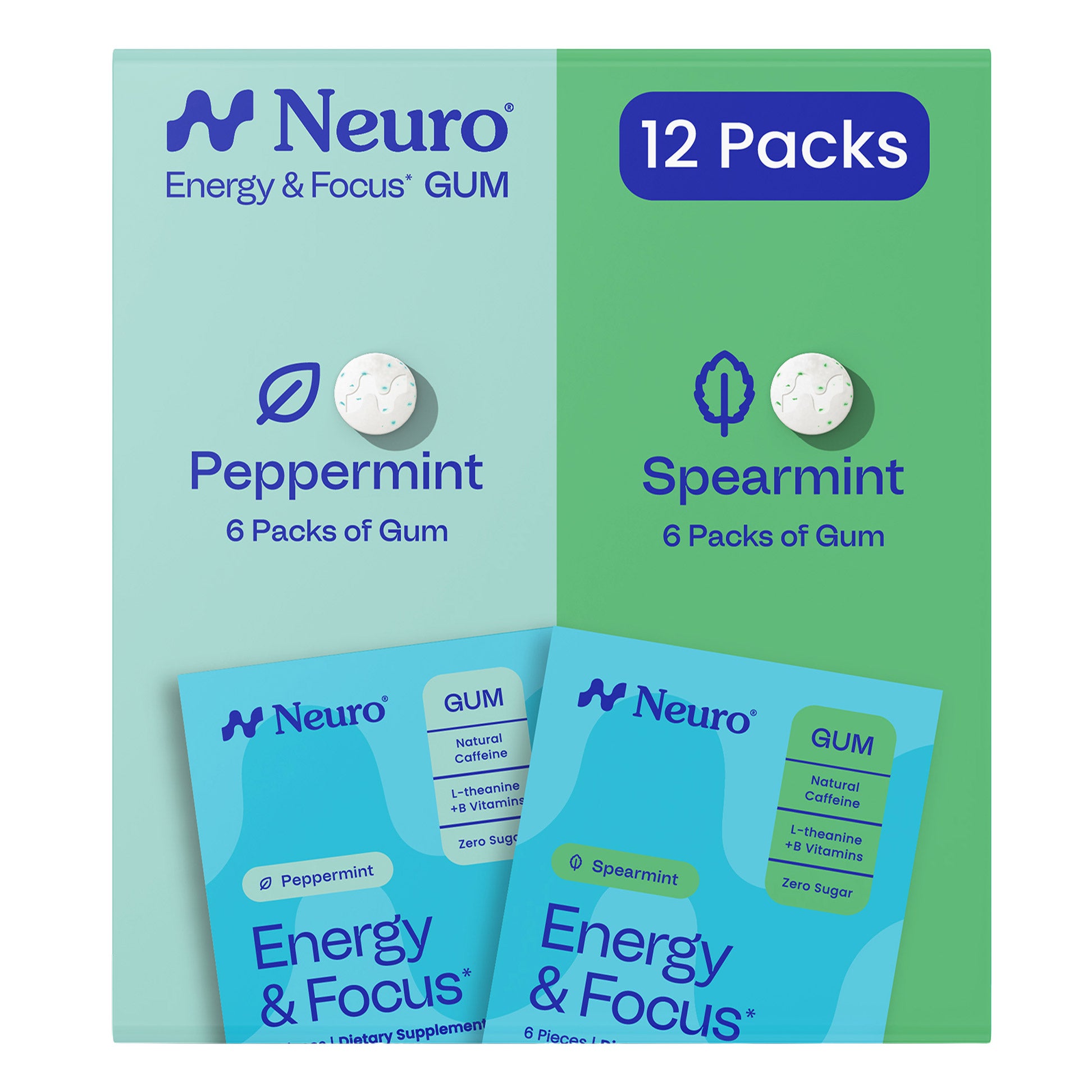 Neuro Energy & Focus Gum, Peppermint and Spearmint, 12-packs, 72 Total Pieces 2 Neuro Energy & Focus Gum, Peppermint and Spearmint, 12-packs, 72 Total Pieces - Image 2