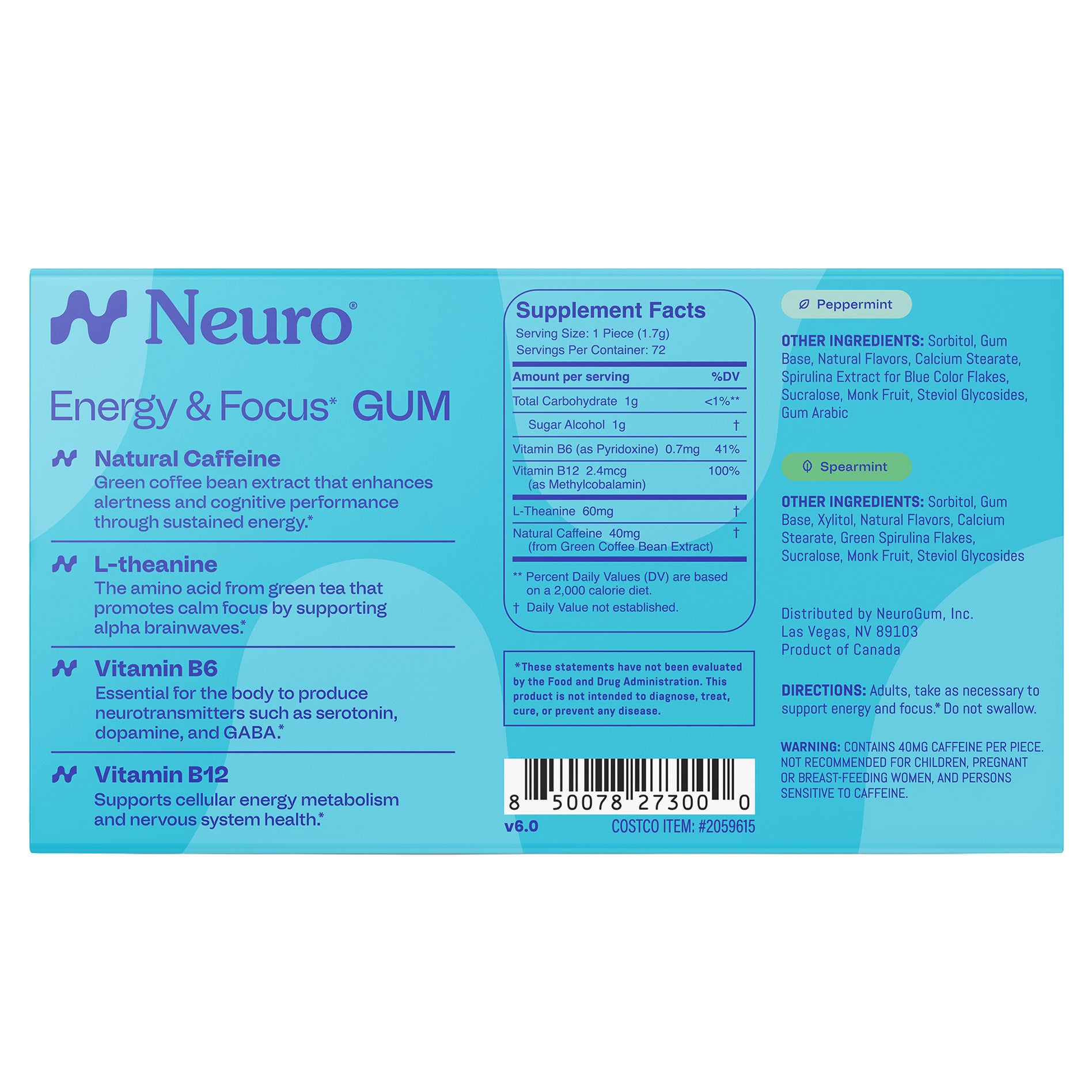 Neuro Energy & Focus Gum, Peppermint and Spearmint, 12-packs, 72 Total Pieces 5 Neuro Energy & Focus Gum, Peppermint and Spearmint, 12-packs, 72 Total Pieces - Image 5