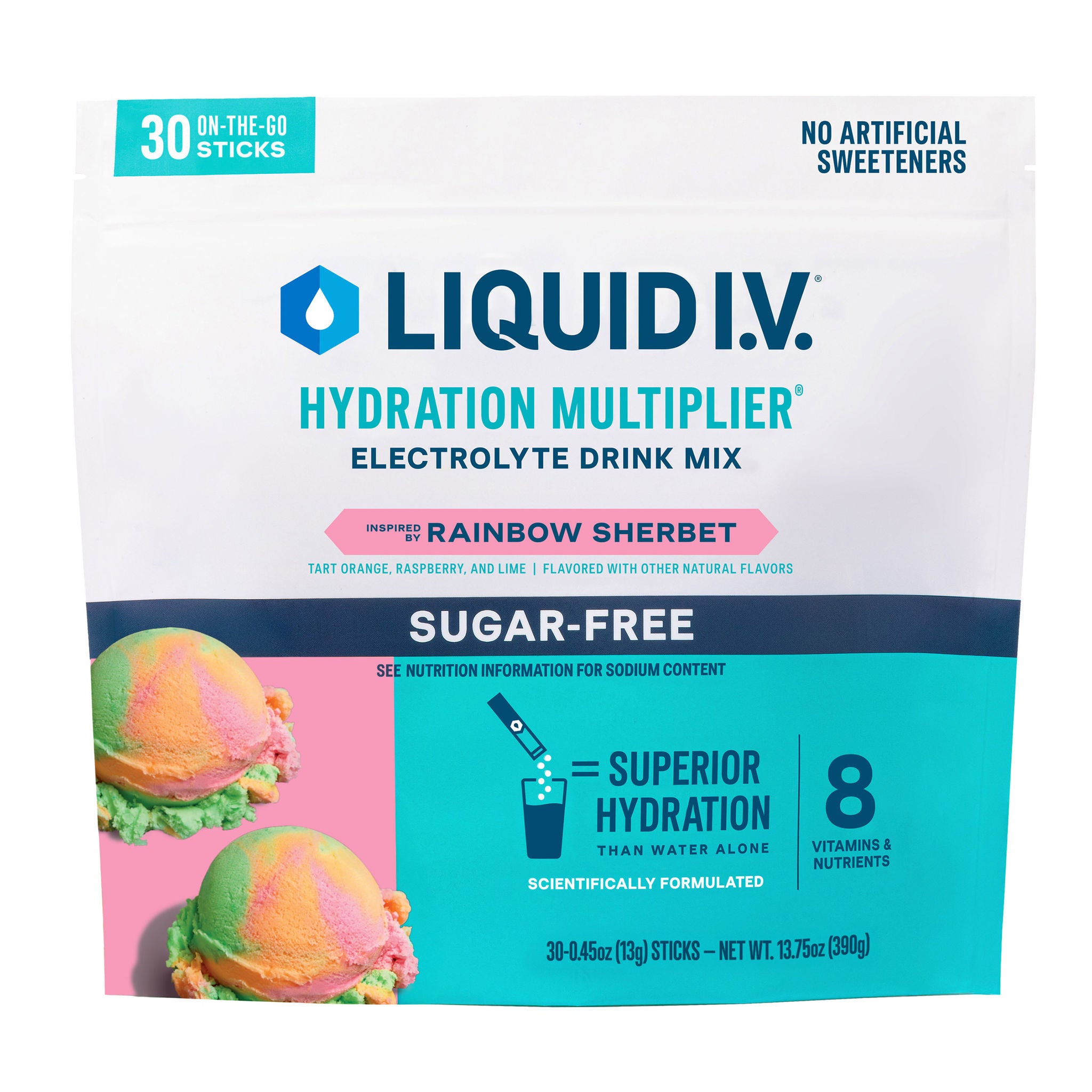 Liquid I.v. Hydration Multiplier, 30 Individual Serving Stick Packs in Resealable Pouch, Sugar Free, Rainbow Sherbet 2 Liquid I.v. Hydration Multiplier, 30 Individual Serving Stick Packs in Resealable Pouch, Sugar Free, Rainbow Sherbet - Image 2