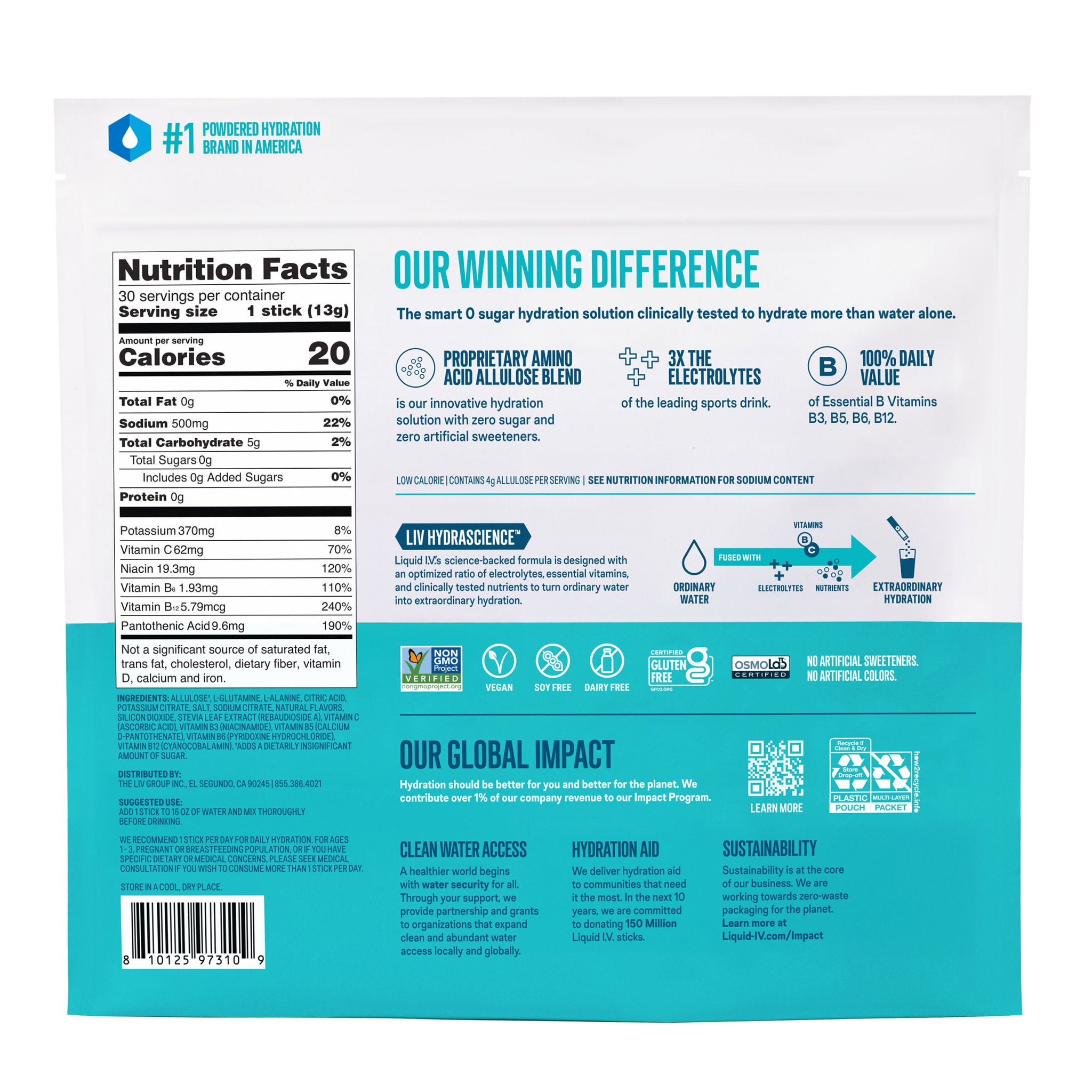 Liquid I.v. Hydration Multiplier, 30 Individual Serving Stick Packs in Resealable Pouch, Sugar Free, Rainbow Sherbet 3 Liquid I.v. Hydration Multiplier, 30 Individual Serving Stick Packs in Resealable Pouch, Sugar Free, Rainbow Sherbet - Image 3