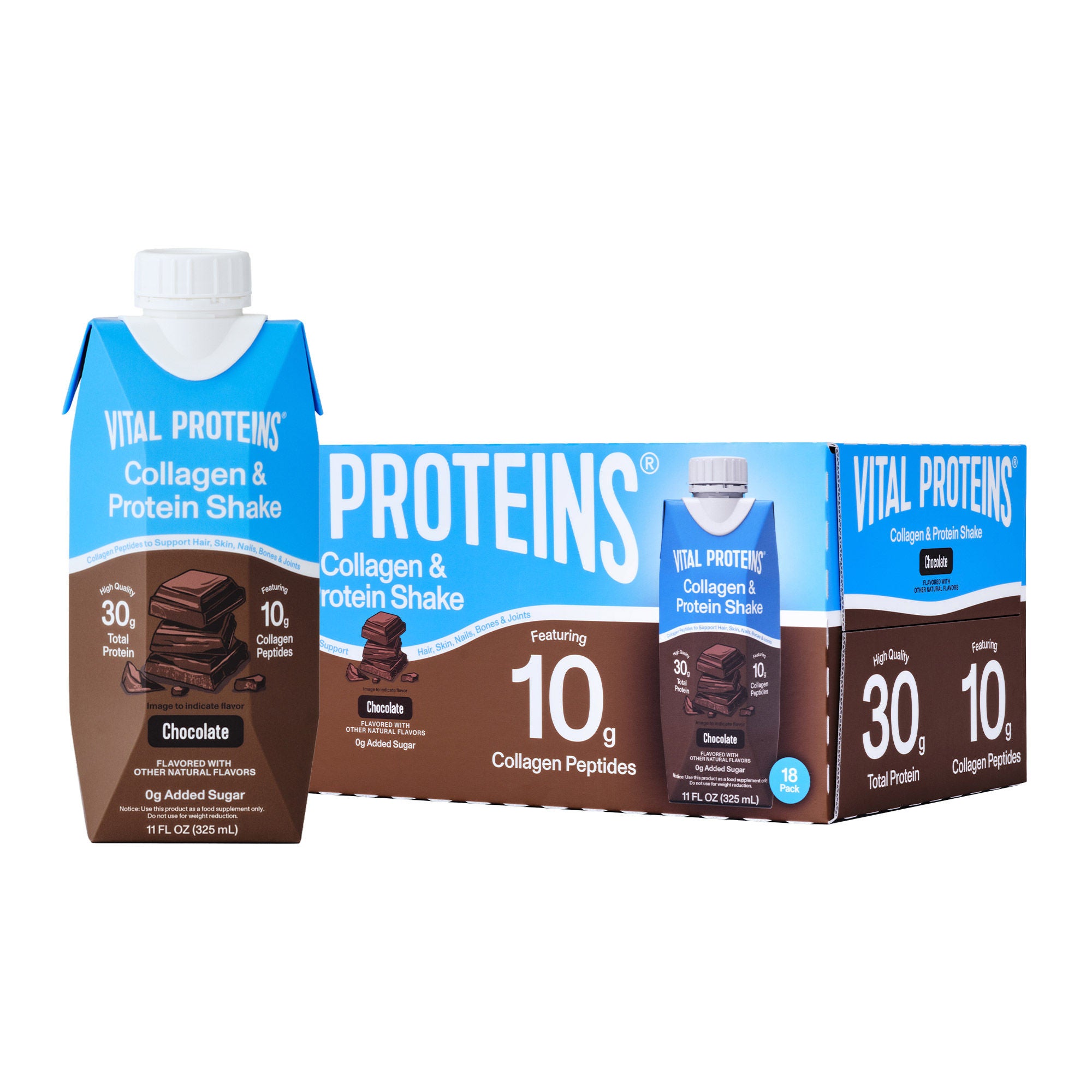 Vital Proteins 10g Collagen and 30g Total Protein Shake, Chocolate, 11 fl oz, 18-pack 1 Vital Proteins 10g Collagen and 30g Total Protein Shake, Chocolate, 11 fl oz, 18-pack