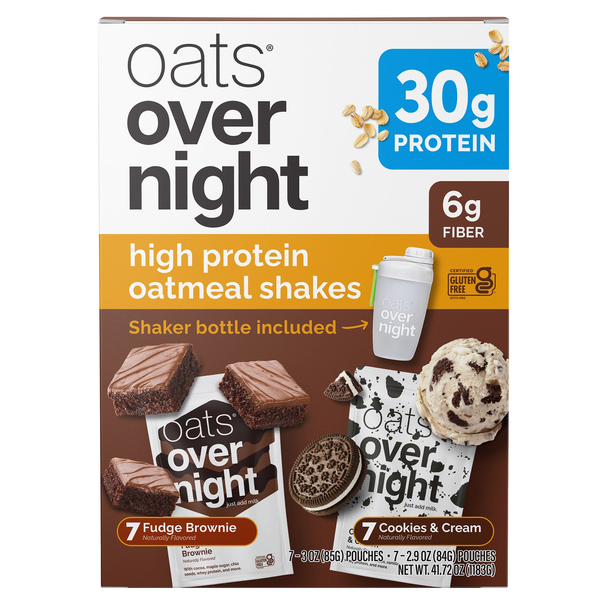 Oats Overnight Variety Pack, 30g Protein Shake, Fudge Brownie, Cookies & Cream, 14-pack 1 Oats Overnight Variety Pack, 30g Protein Shake, Fudge Brownie, Cookies & Cream, 14-pack