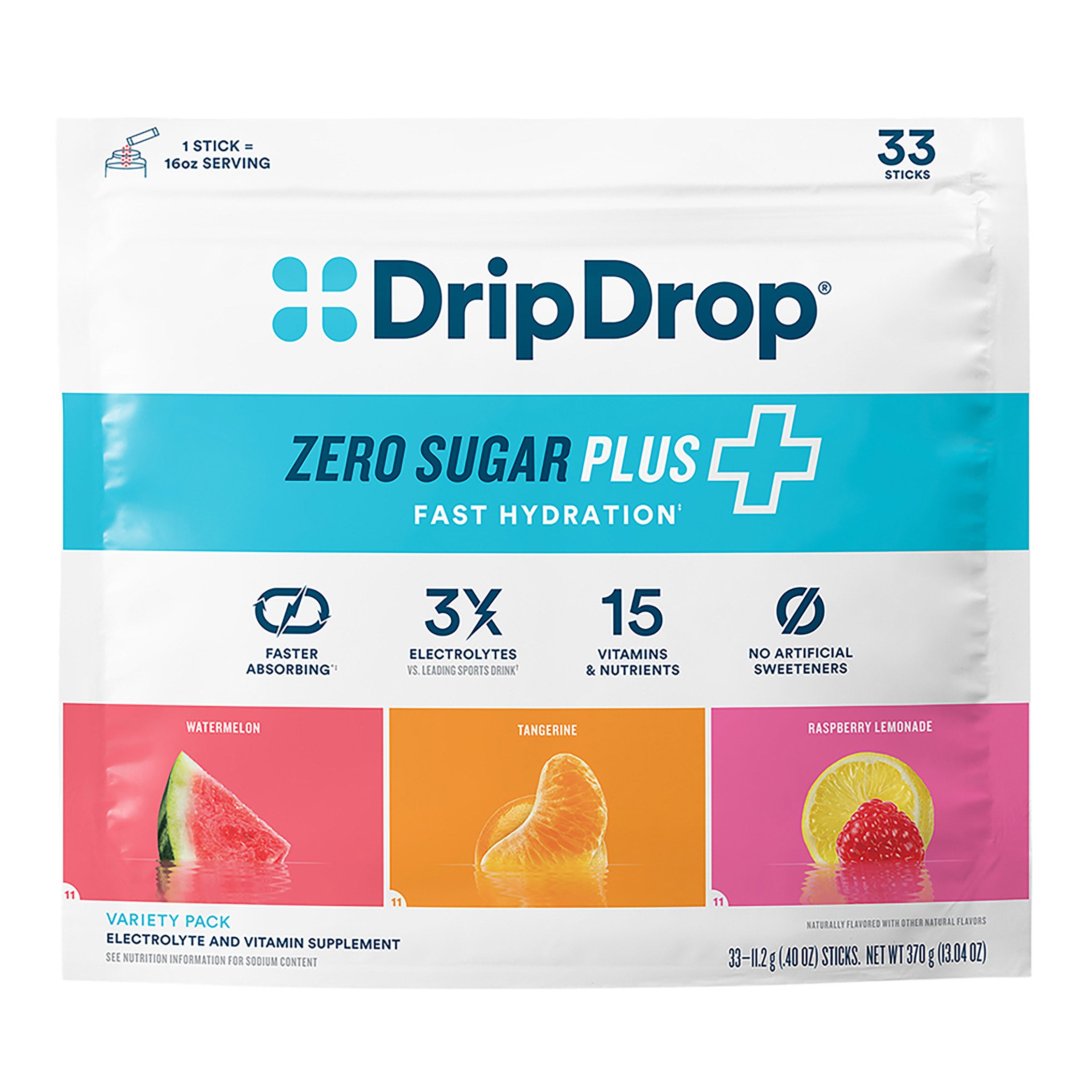 DripDrop Hydration Zero Sugar Plus, 33 Stick Packs in Resealable Pouch, Variety Pack 1 DripDrop Hydration Zero Sugar Plus, 33 Stick Packs in Resealable Pouch, Variety Pack