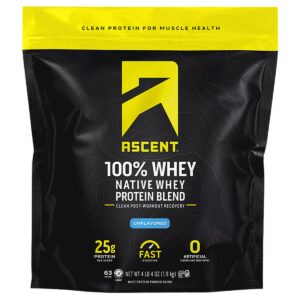 Ascent 100% Whey, Native Whey Protein Blend, Unflavored, 4.25 lbs