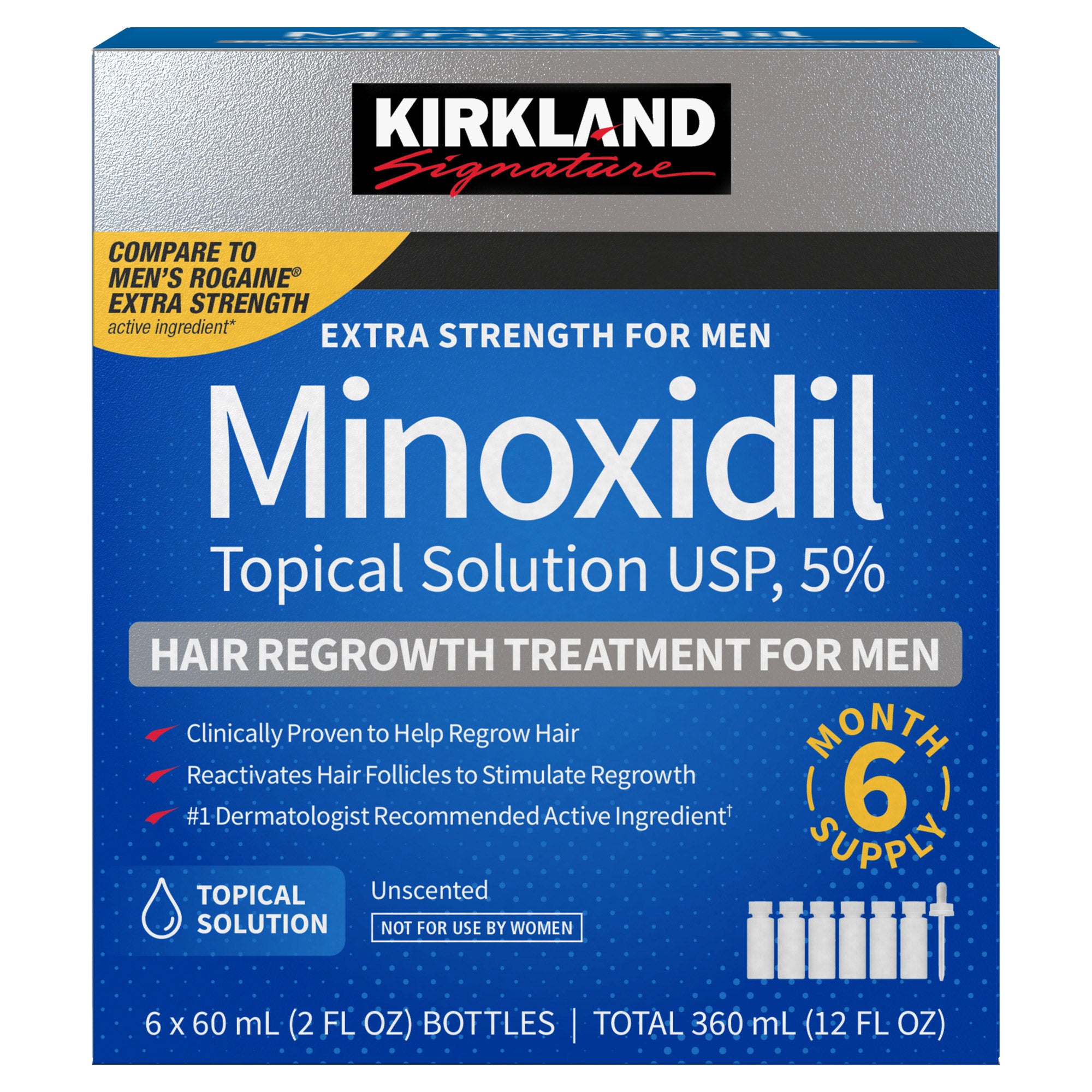 Kirkland Signature Hair Regrowth Treatment Extra Strength for Men, 5% Minoxidil Topical Solution, 2 fl oz, 6-pack 1 Kirkland Signature Hair Regrowth Treatment Extra Strength for Men, 5% Minoxidil Topical Solution, 2 fl oz, 6-pack