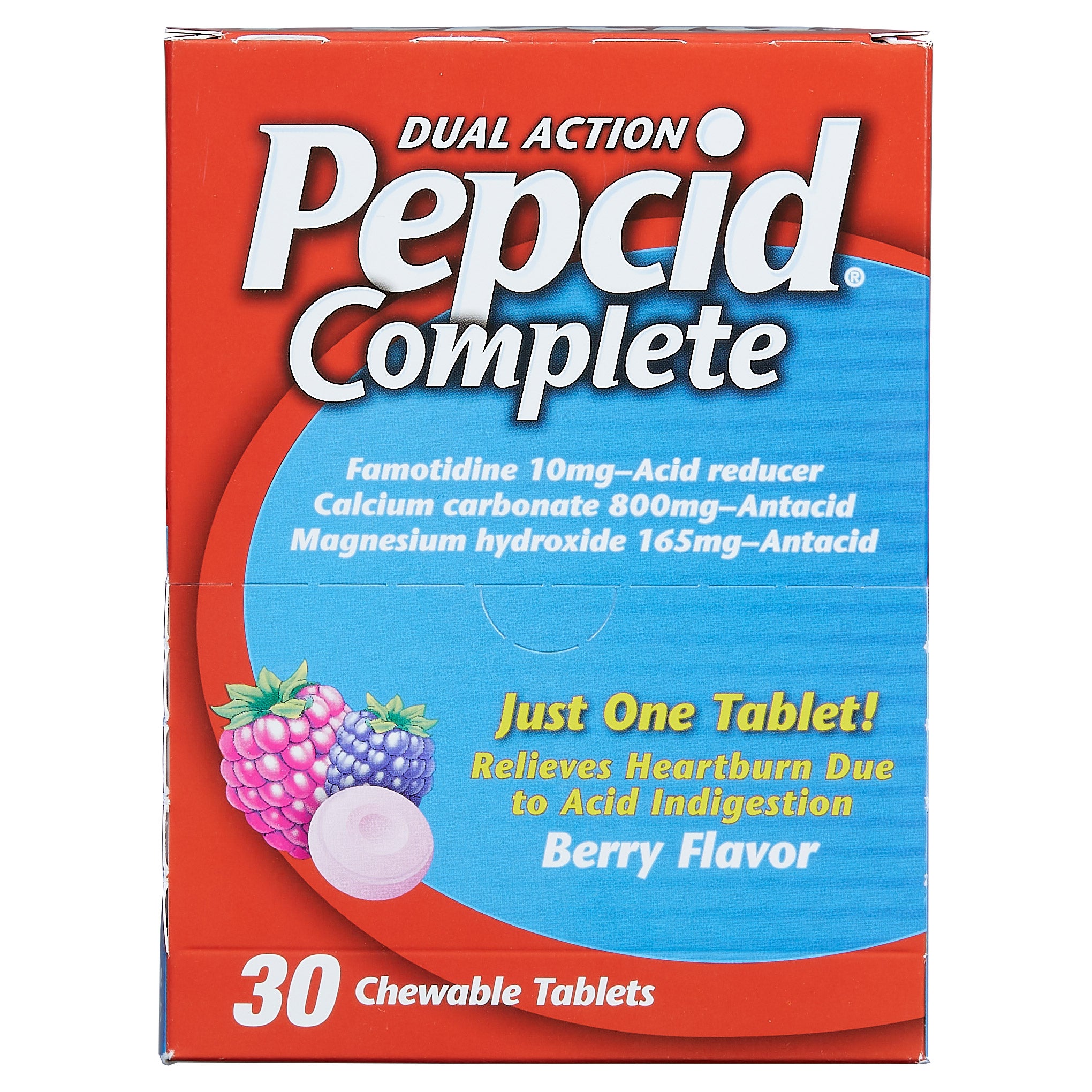 Pepcid Complete Dual Action Acid Reducer and Antacid, Chewable Tablet, Berry, Dispenser Pack, 30-count 1 Pepcid Complete Dual Action Acid Reducer and Antacid, Chewable Tablet, Berry, Dispenser Pack, 30-count